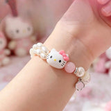 Cute Kitty Pearl Beaded Bracelet Kawaii Adjustable Charm Bracelet for Girls