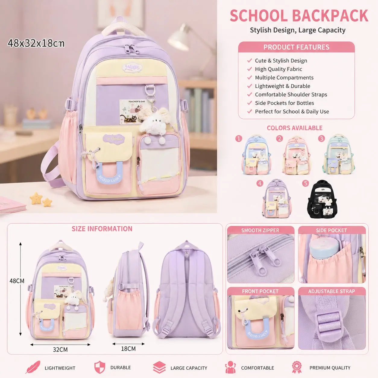 Large Capacity School Backpack for Girls Cute Pastel School Bag