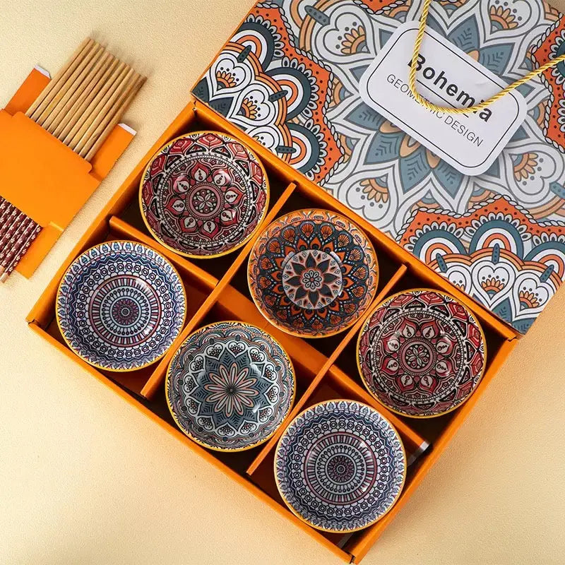 Bohemian Ceramic Bowl Set with Gift Box 4/6 Piece Random Pattern Bowls without Chopsticks