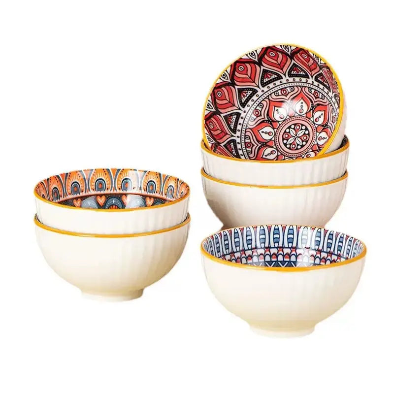 Bohemian Ceramic Bowl Set with Gift Box 4/6 Piece Random Pattern Bowls without Chopsticks