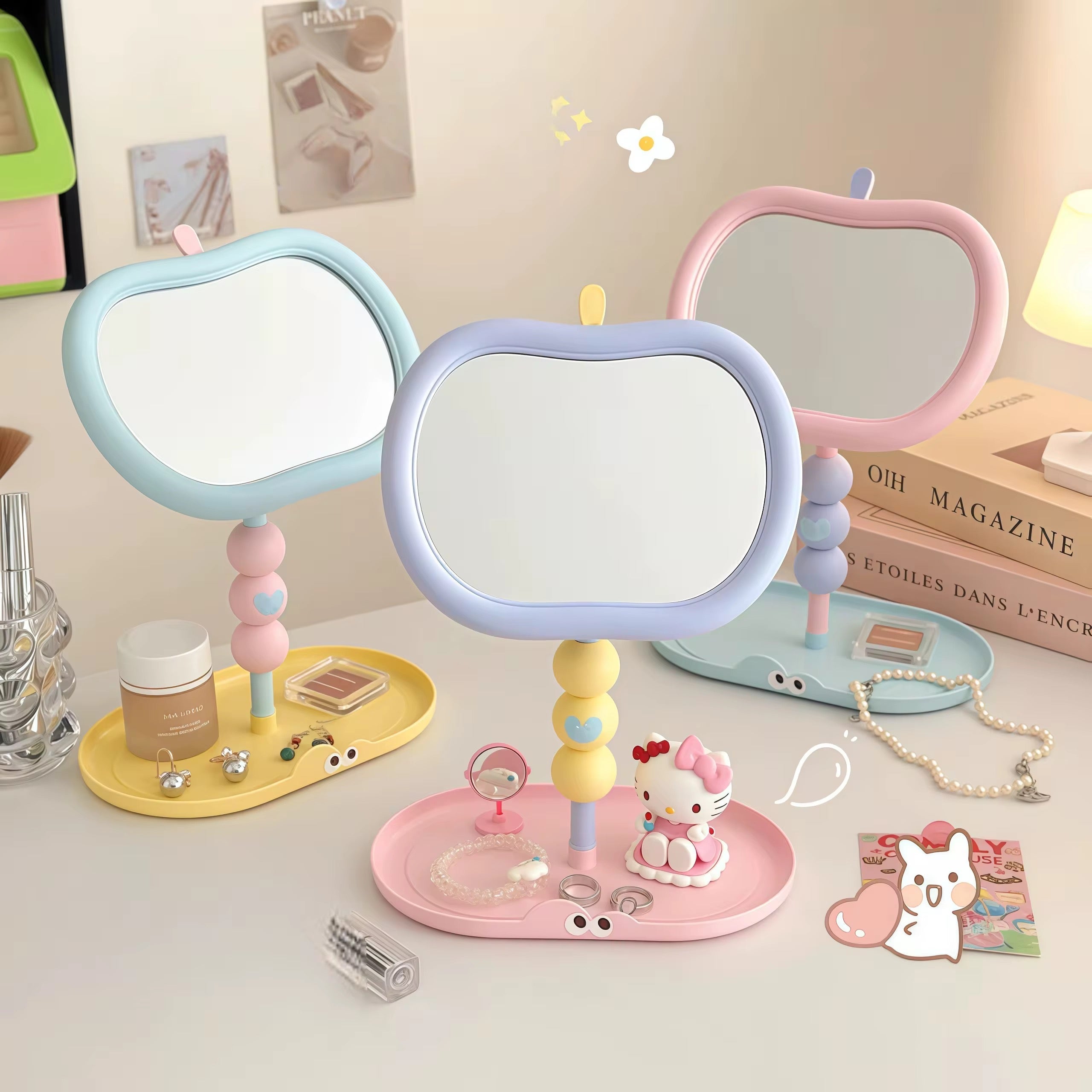 Cute Apple Shape Vanity Mirror with Jewelry Storage Tray Pastel Desktop Makeup Mirror