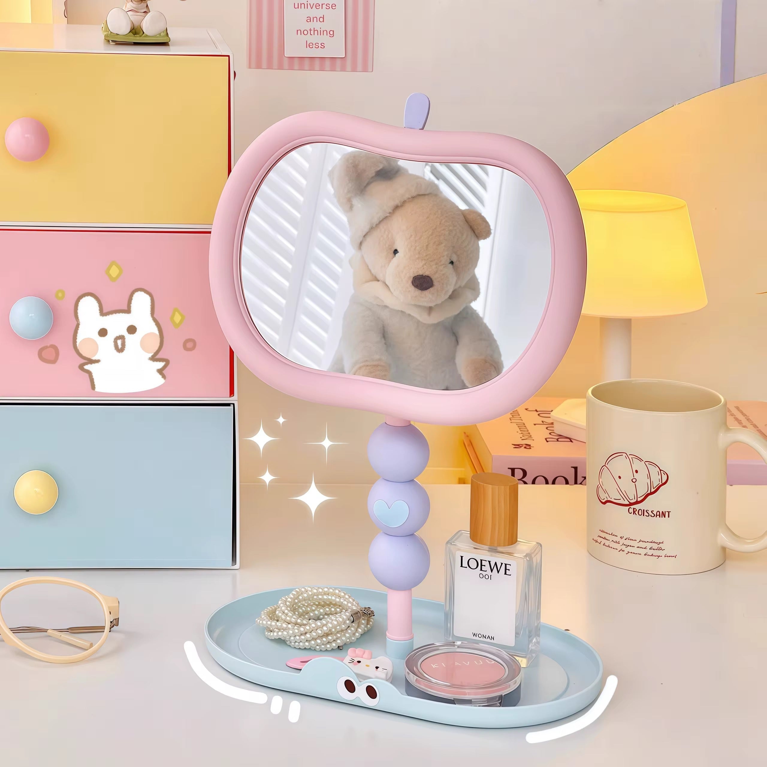 Cute Apple Shape Vanity Mirror with Jewelry Storage Tray Pastel Desktop Makeup Mirror