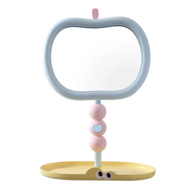 Cute Apple Shape Vanity Mirror with Jewelry Storage Tray Pastel Desktop Makeup Mirror