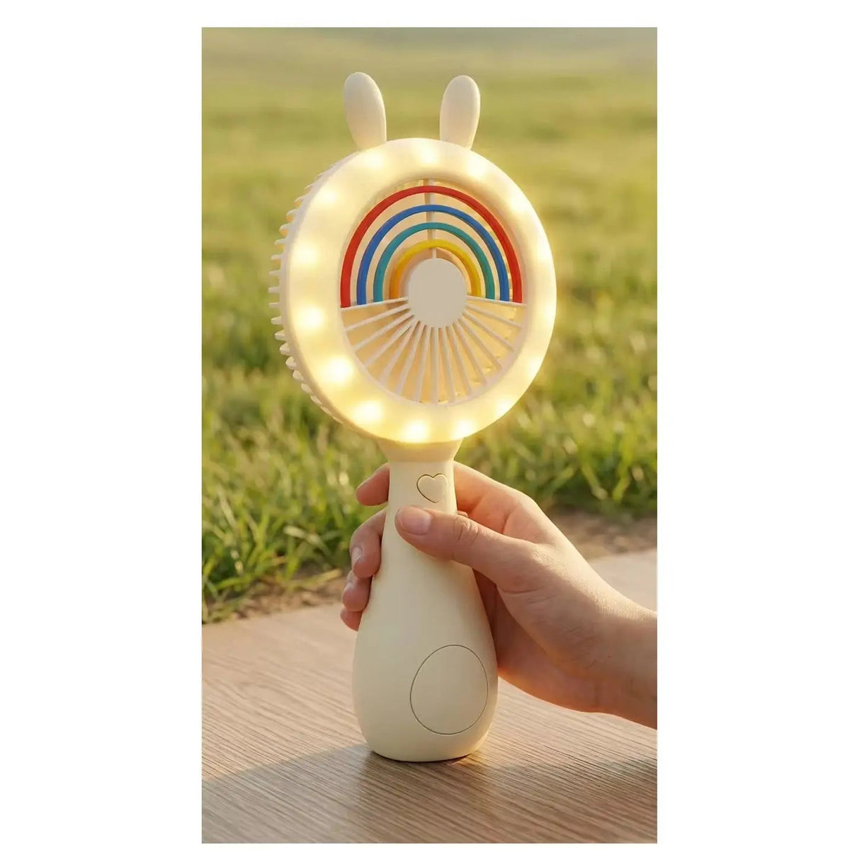 Cute Bunny Rainbow Handheld Fan with LED Light Portable Mini Fan