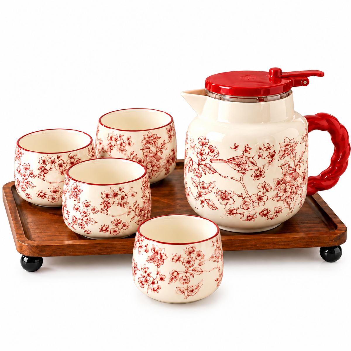 Luxury Red Floral Ceramic Tea Set with 4 Cups, Teapot & Wooden Serving Tray 6 Pcs
