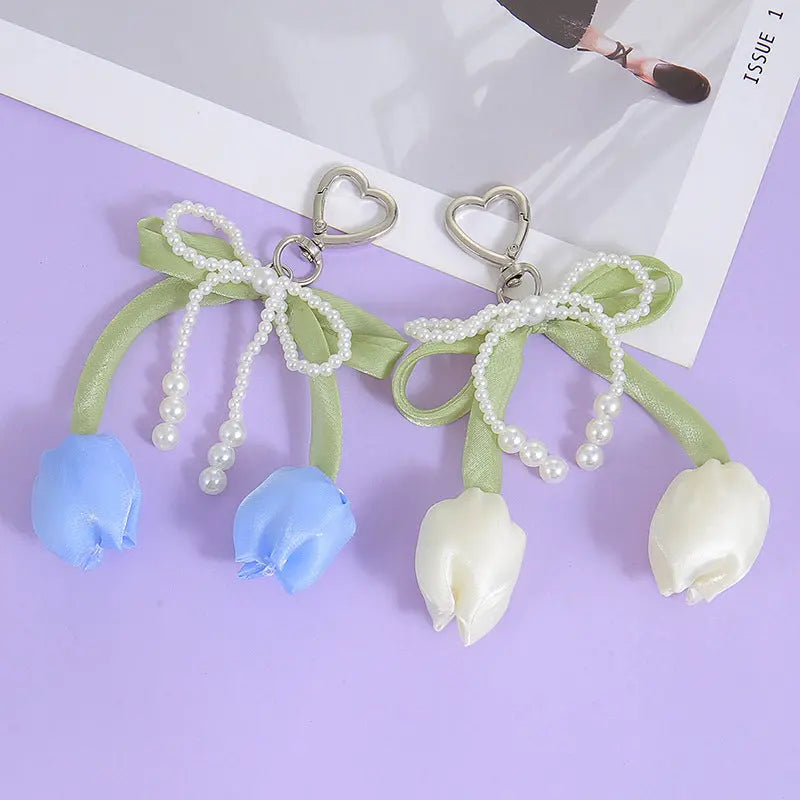 Kawaii Tulip Pearl Ribbon Keychain Cute Heart Charm Bag Pendant & Car Key Accessory SparkelsSparkels
