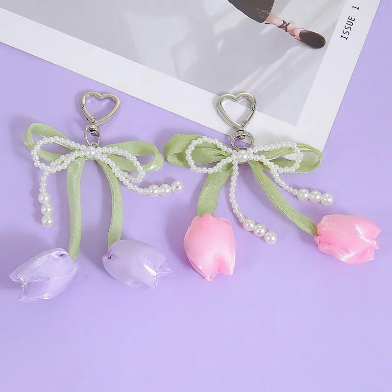 Kawaii Tulip Pearl Ribbon Keychain Cute Heart Charm Bag Pendant & Car Key Accessory SparkelsSparkels