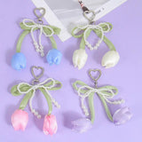 Kawaii Tulip Pearl Ribbon Keychain Cute Heart Charm Bag Pendant & Car Key Accessory SparkelsSparkels