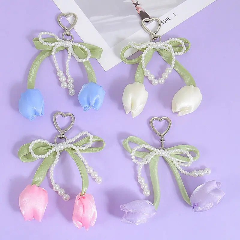 Kawaii Tulip Pearl Ribbon Keychain Cute Heart Charm Bag Pendant & Car Key Accessory SparkelsSparkels