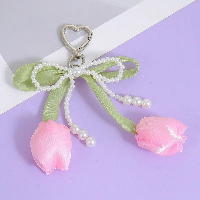 Kawaii Tulip Pearl Ribbon Keychain Cute Heart Charm Bag Pendant & Car Key Accessory SparkelsSparkels