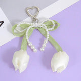 Kawaii Tulip Pearl Ribbon Keychain Cute Heart Charm Bag Pendant & Car Key Accessory SparkelsSparkels