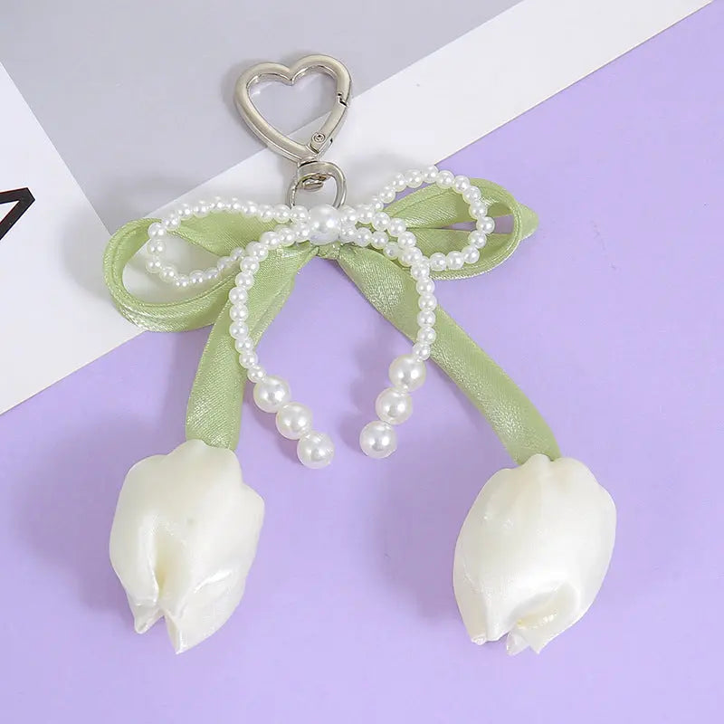 Kawaii Tulip Pearl Ribbon Keychain Cute Heart Charm Bag Pendant & Car Key Accessory SparkelsSparkels