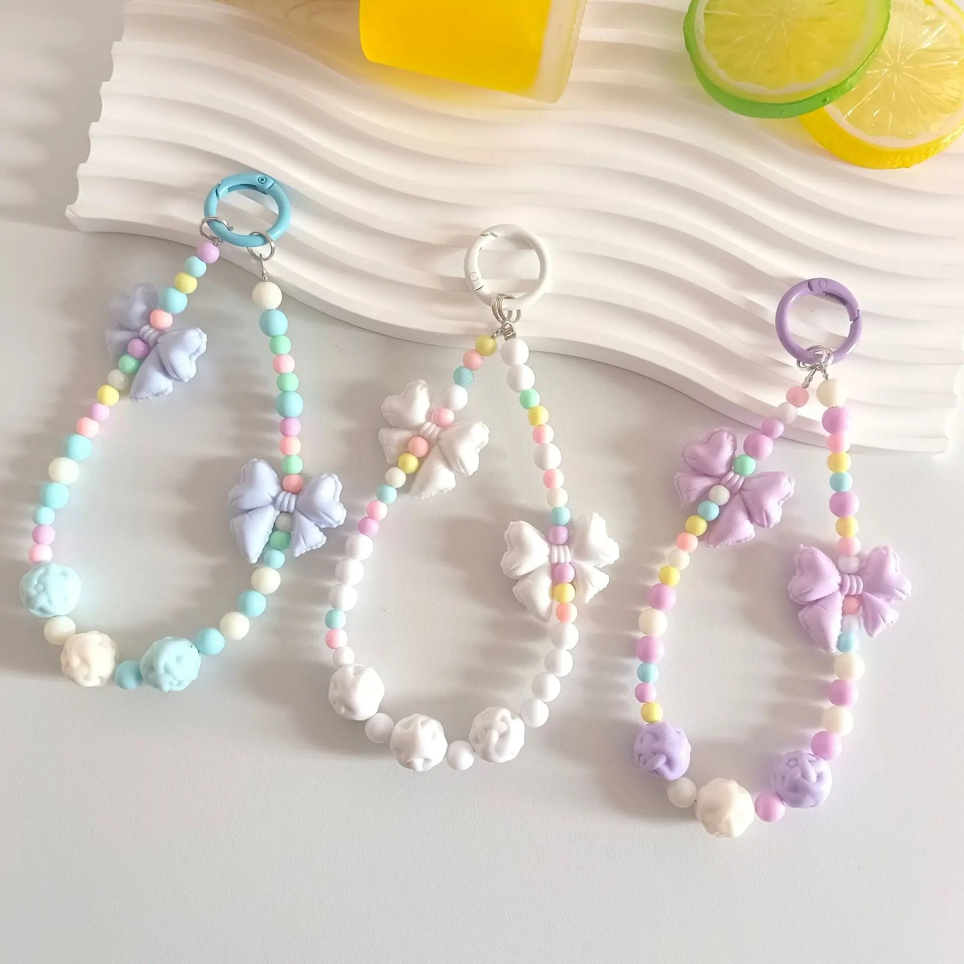 Kawaii Pastel Beaded Bow Keychain Cute Bracelet Chain Phone & Bag Charm Accessory SparkelsSparkels