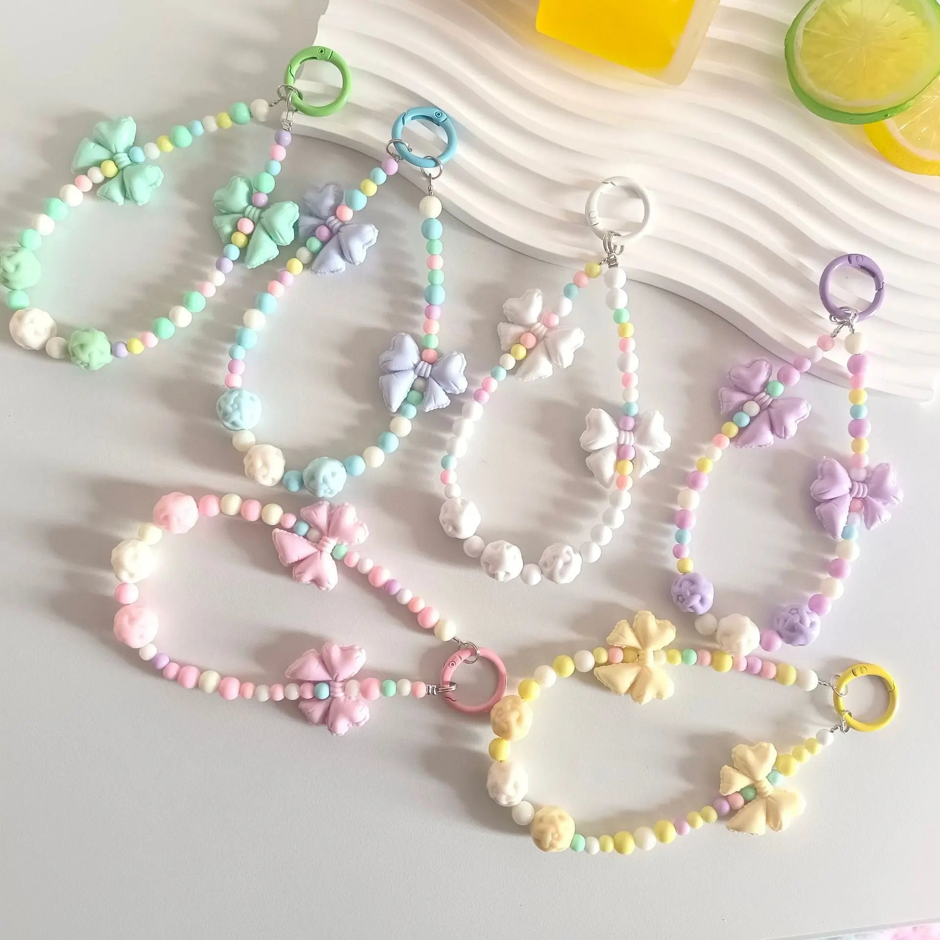 Kawaii Pastel Beaded Bow Keychain Cute Bracelet Chain Phone & Bag Charm Accessory SparkelsSparkels