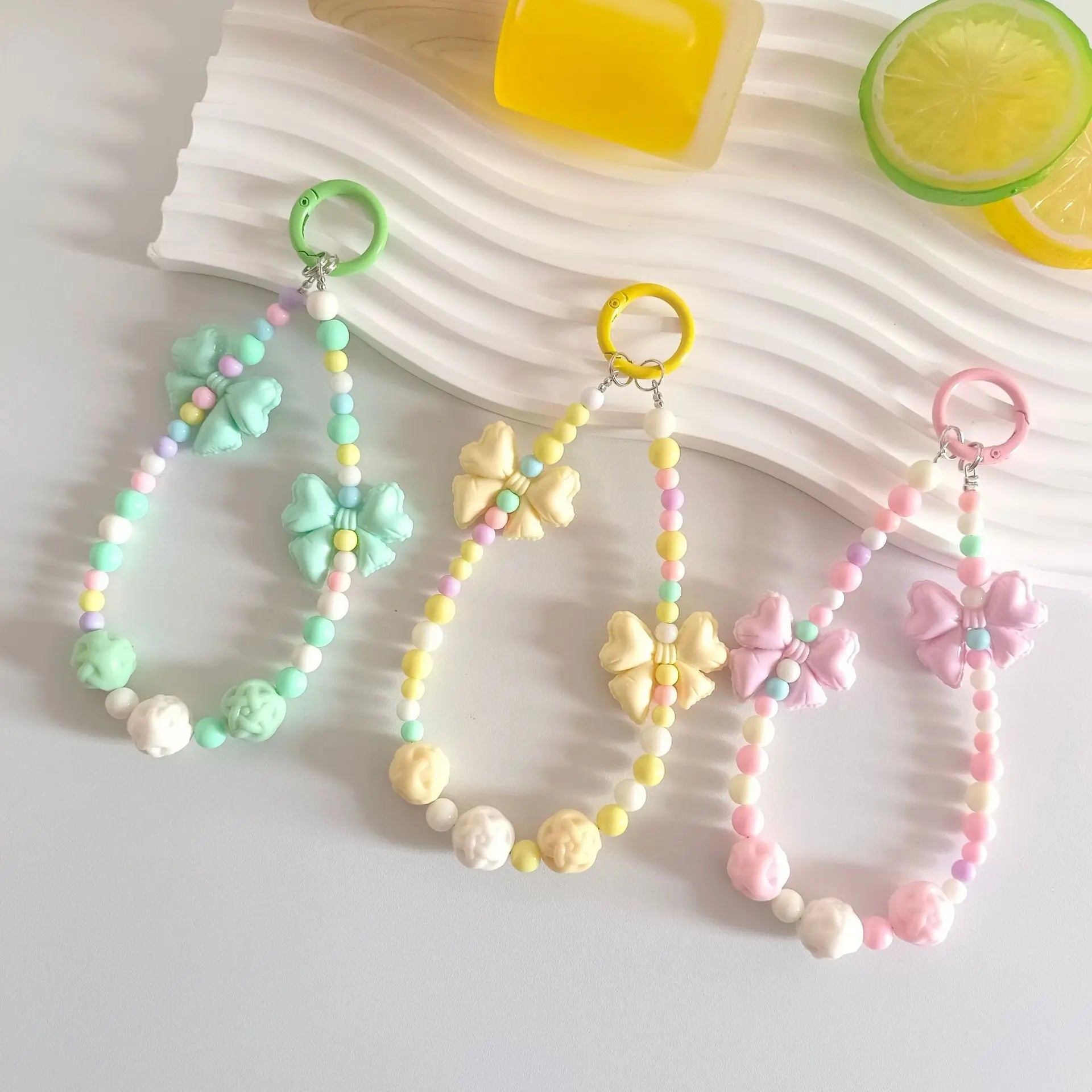 Kawaii Pastel Beaded Bow Keychain Cute Bracelet Chain Phone & Bag Charm Accessory SparkelsSparkels