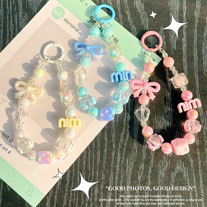 Kawaii Beaded Charm Keychain Bracelet Cute Bow & Candy Beads Phone Strap Bag Accessory SparkelsSparkels