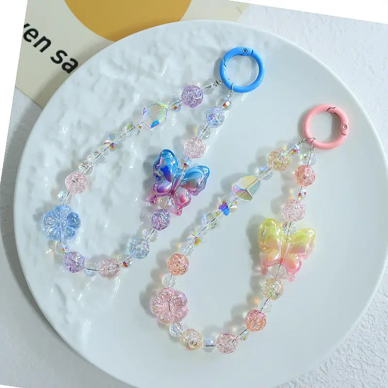 Kawaii Crystal Butterfly Beaded Phone Charm Strap Aesthetic Rainbow Keychain Bracelet Accessory SparkelsSparkels