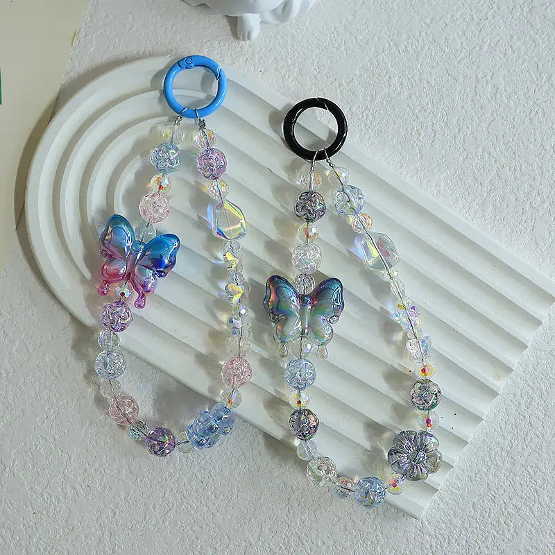 Kawaii Crystal Butterfly Beaded Phone Charm Strap Aesthetic Rainbow Keychain Bracelet Accessory SparkelsSparkels