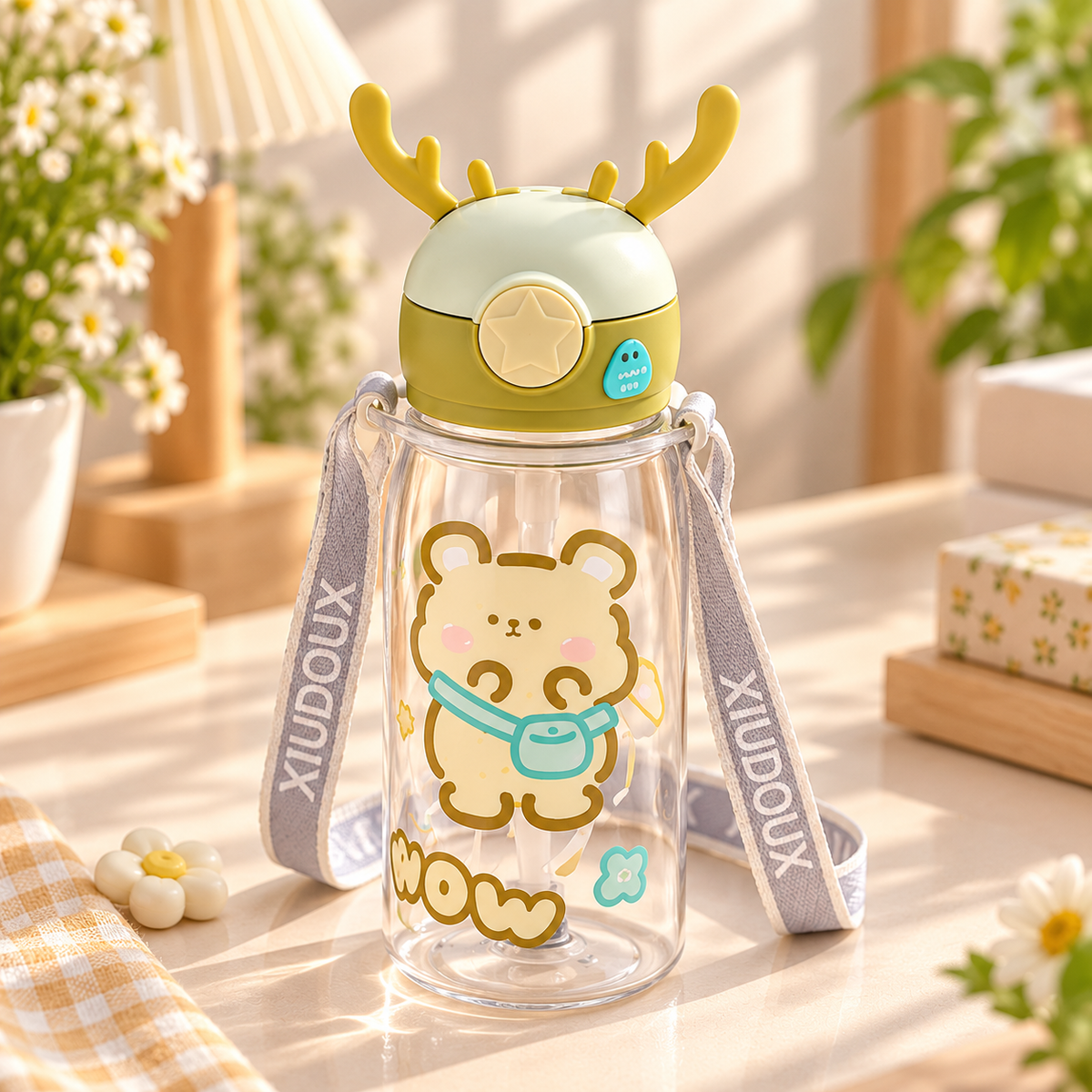 Cute Deer Antler Cartoon Water Bottle with Straw & Shoulder Strap