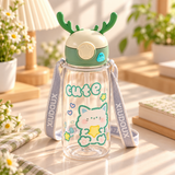Cute Deer Antler Cartoon Water Bottle with Straw & Shoulder Strap
