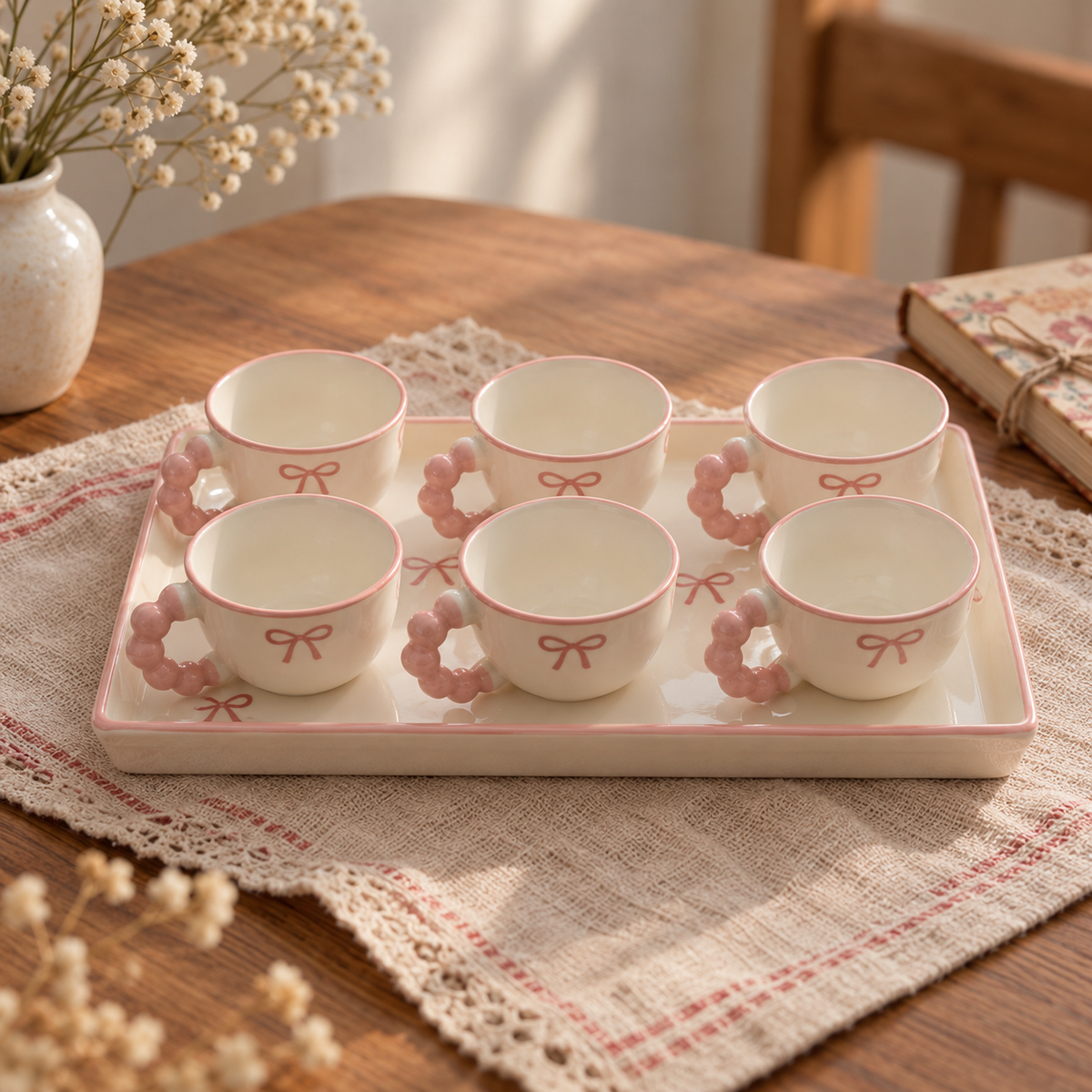 Mini Pink Bow Ceramic Tea Cup Set with Serving Tray 90ml (Set of 6)