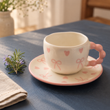 Kawaii Pink Heart & Bow Ceramic Tea Cup with Saucer