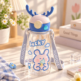 Cute Deer Antler Cartoon Water Bottle with Straw & Shoulder Strap