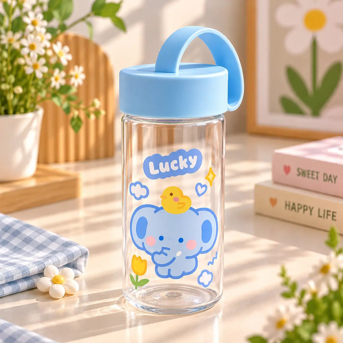 Cute Kawaii Cartoon Water Bottle with Carry Handle