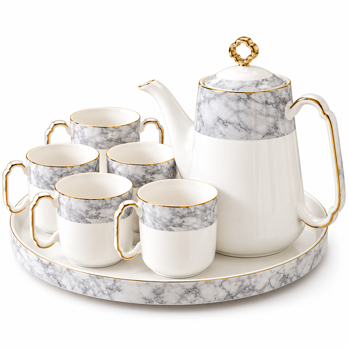 Luxury White & Grey Marble Ceramic Tea Set with Gold Detailing, 6 Cups & Serving Tray 8 Pcs