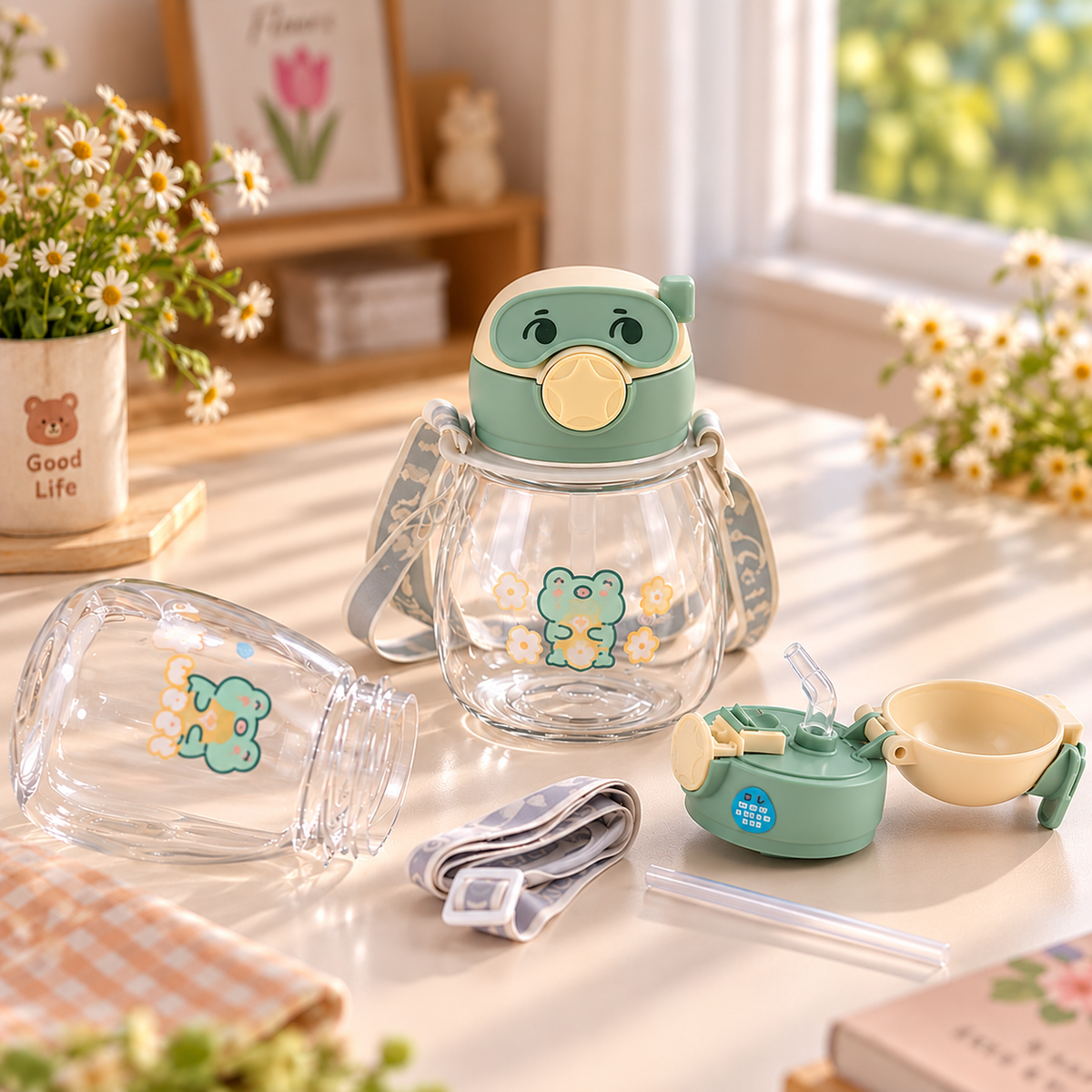 Kawaii Cartoon Animal Water Bottle with Straw & Shoulder Strap