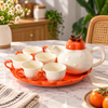Luxury Orange Heart Design Ceramic Tea Set with 6 Cups & Matching Serving Tray 8 Pcs