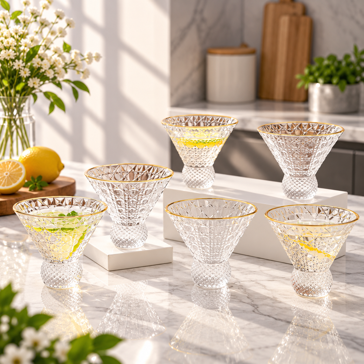 Pack Of 6 Luxury Diamond Cut Crystal Glass Dessert Cups with Gold Rim