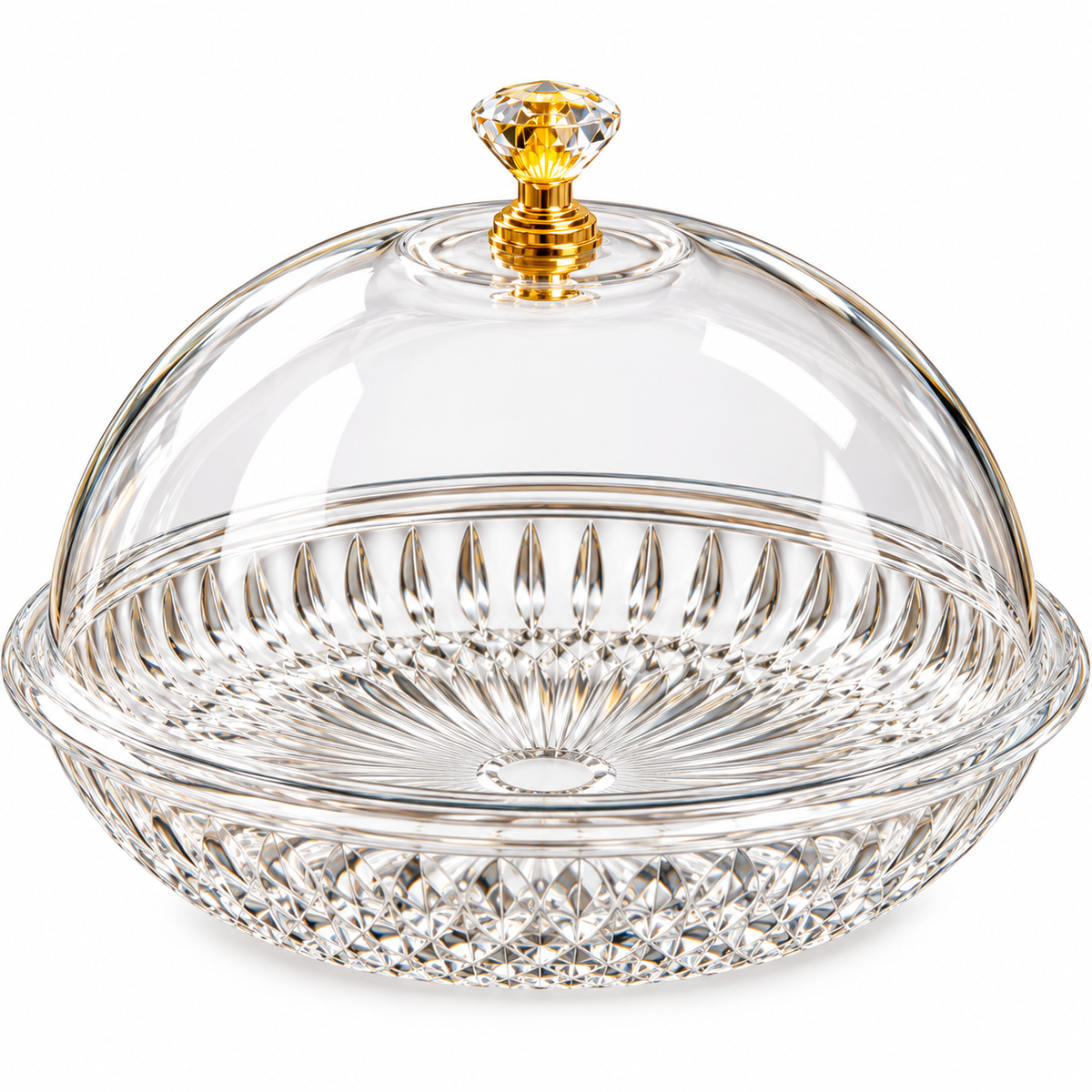 Medium Luxury Crystal Cut Glass Cake Stand with Dome Lid & Gold Knob