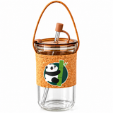 Cute Panda Glass Tumbler with Cork Sleeve, Straw & Carry Strap