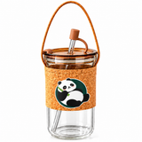Cute Panda Glass Tumbler with Cork Sleeve, Straw & Carry Strap