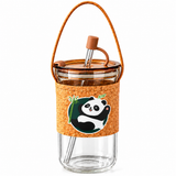 Cute Panda Glass Tumbler with Cork Sleeve, Straw & Carry Strap