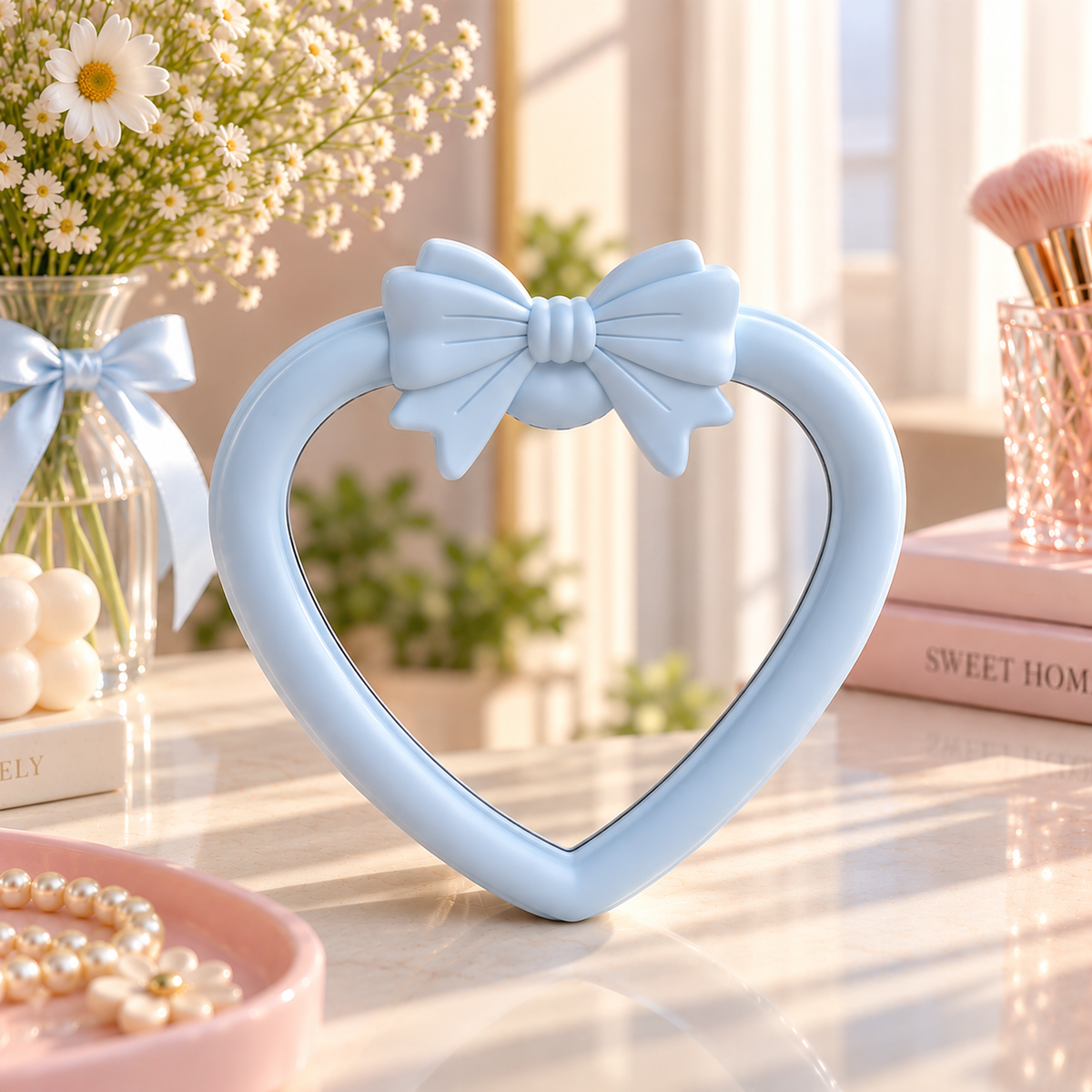 Cute Heart-Shaped Vanity Mirror with 3D Bow