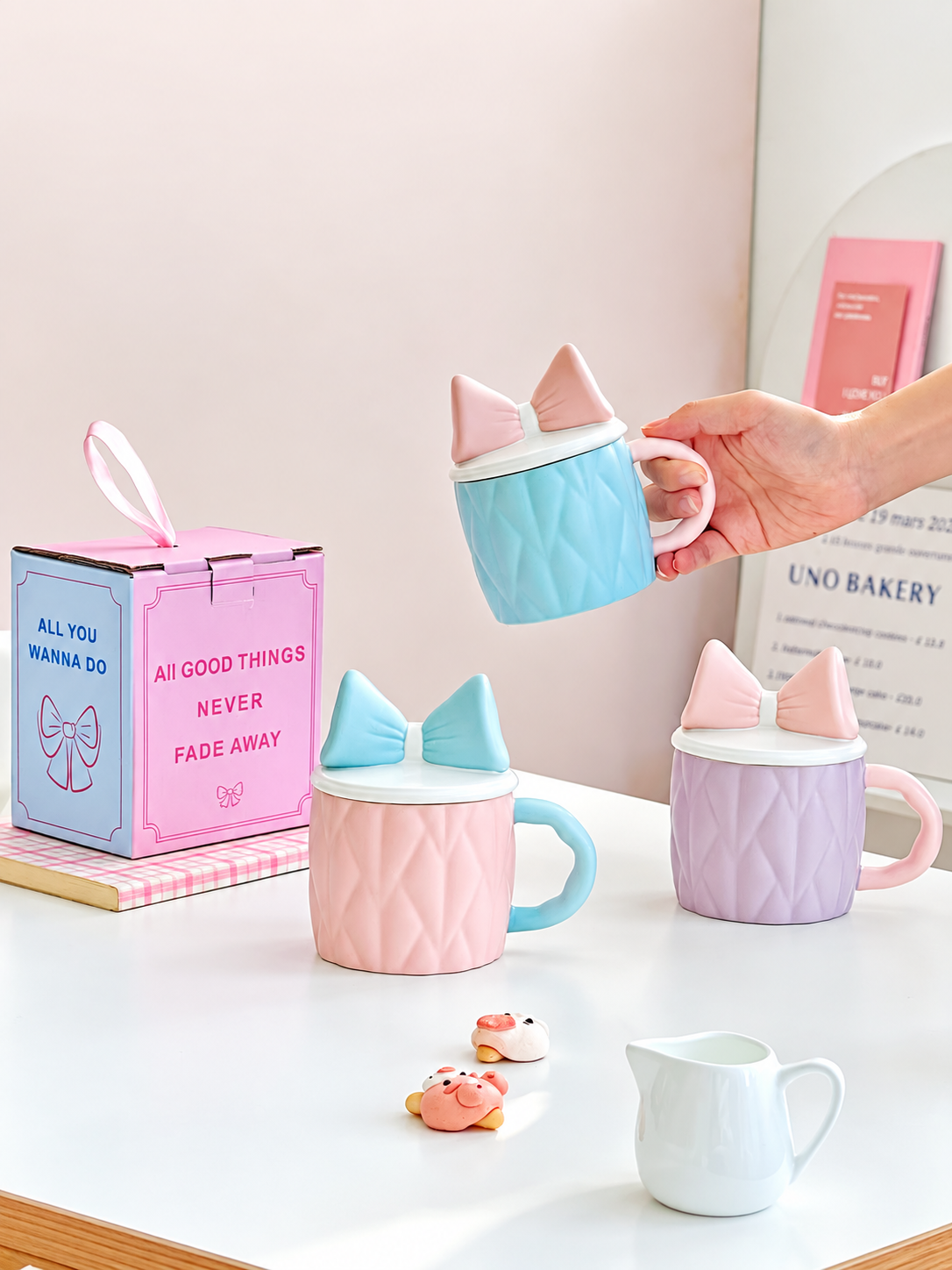 Cute Bow Ceramic Mug with Lid Pastel Sweet Mug