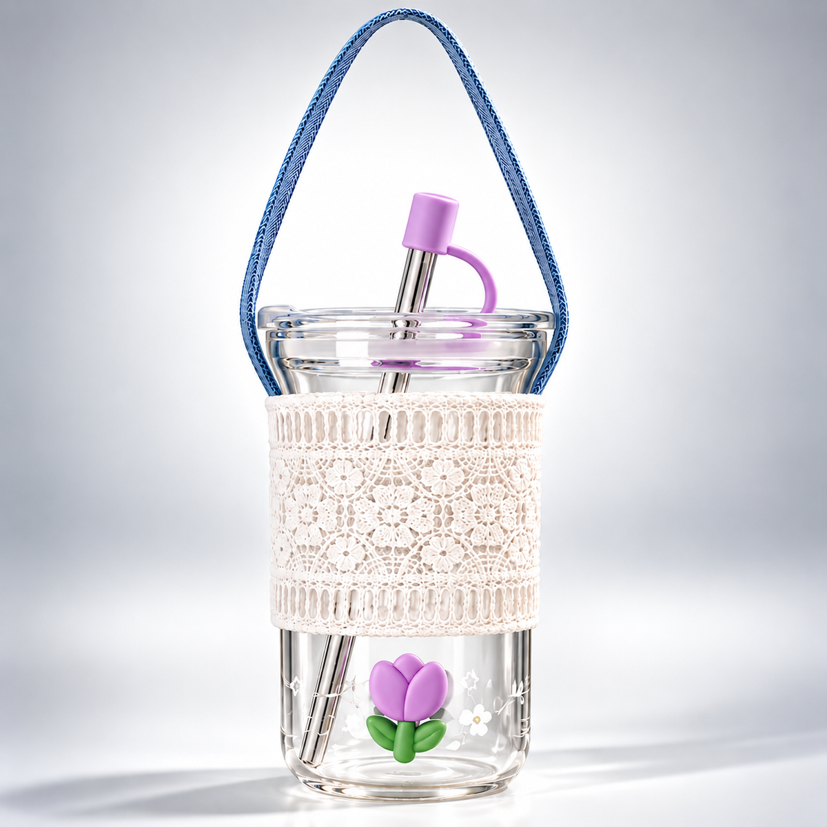 Pastel Tulip Glass Tumbler with Straw & Lace Sleeve