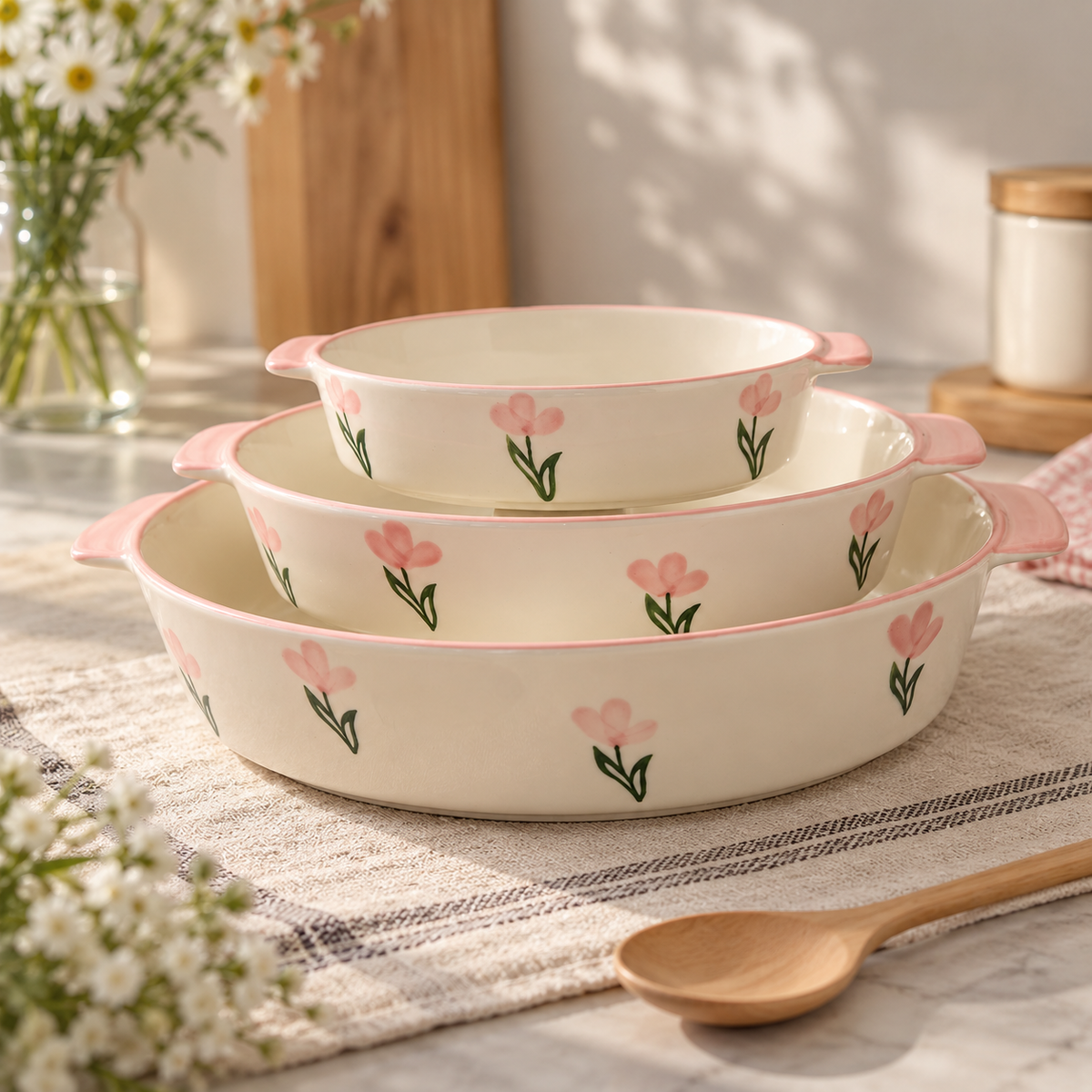 3pcs Pastel Pink Floral Ceramic Baking & Serving Bowls with Handles