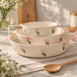 3pcs Pastel Pink Floral Ceramic Baking & Serving Bowls with Handles