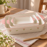 3pcs Pastel Pink Floral Rectangular Ceramic Baking & Serving Dish with Handles