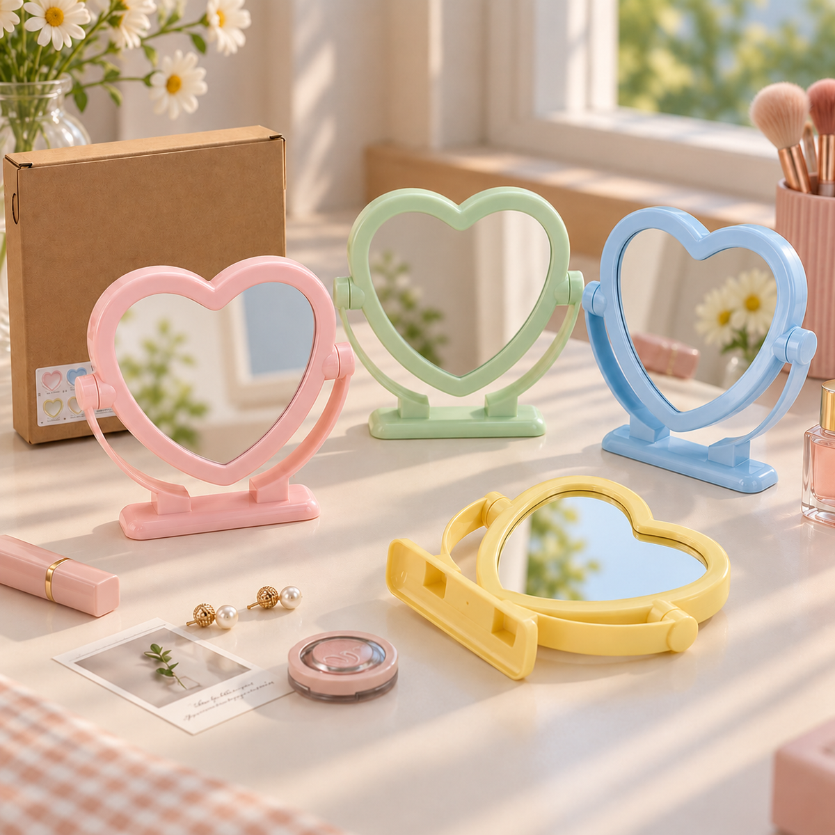 Cute Heart-Shaped Rotating Vanity Mirror