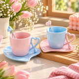 Pastel Heart Handle Ceramic Cup & Saucer Set with Spoon