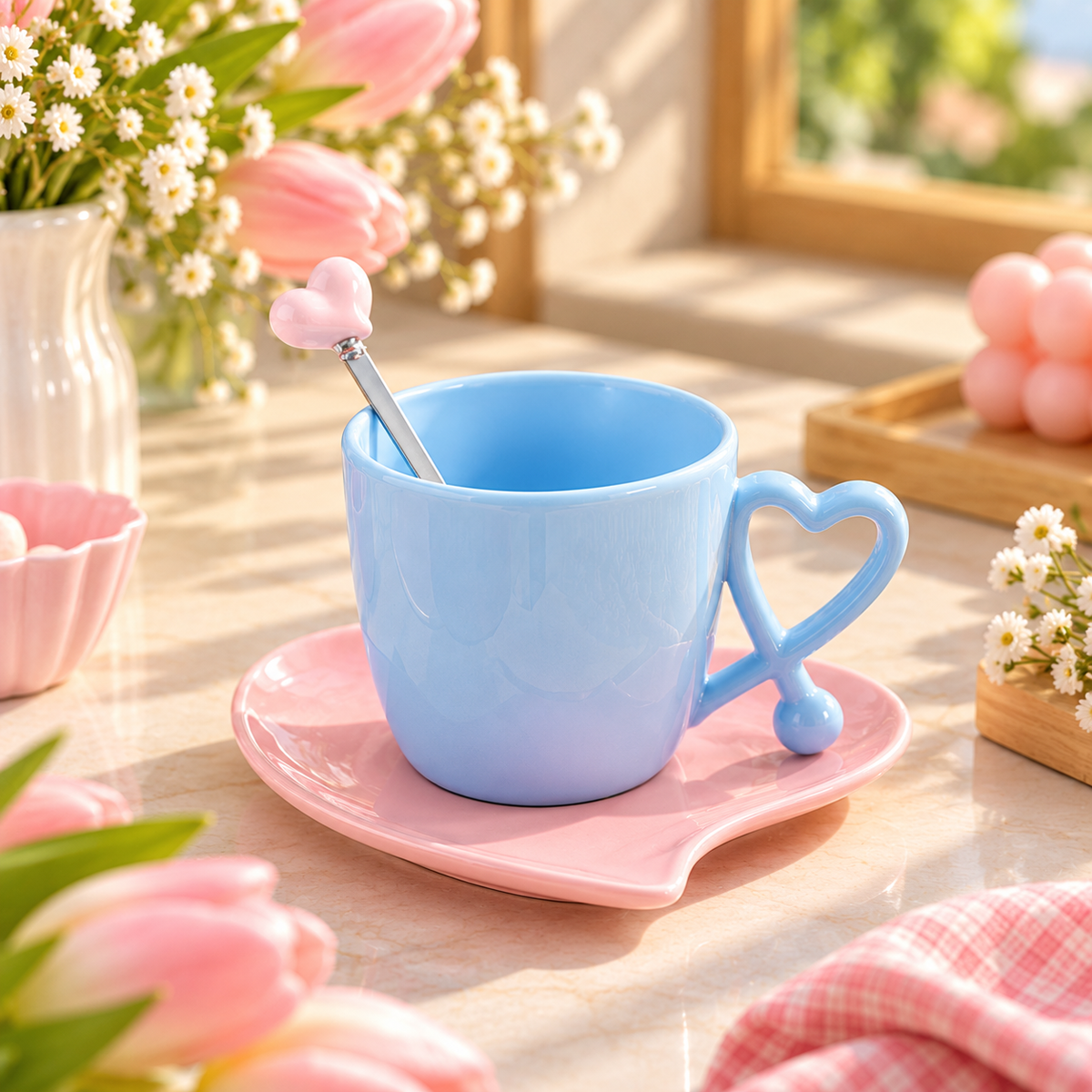 Pastel Heart Handle Ceramic Cup & Saucer Set with Spoon