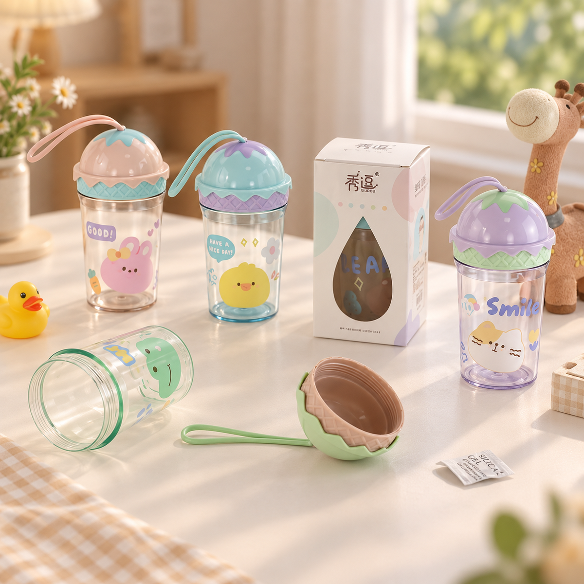 Cute Kawaii Cartoon Water Bottle with Ice Cream Lid