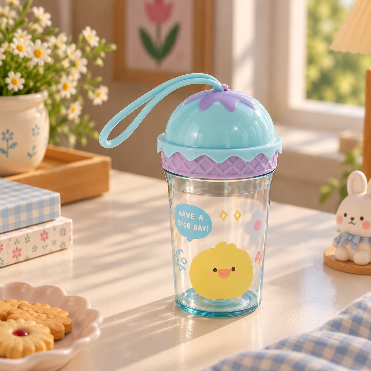 Cute Kawaii Cartoon Water Bottle with Ice Cream Lid
