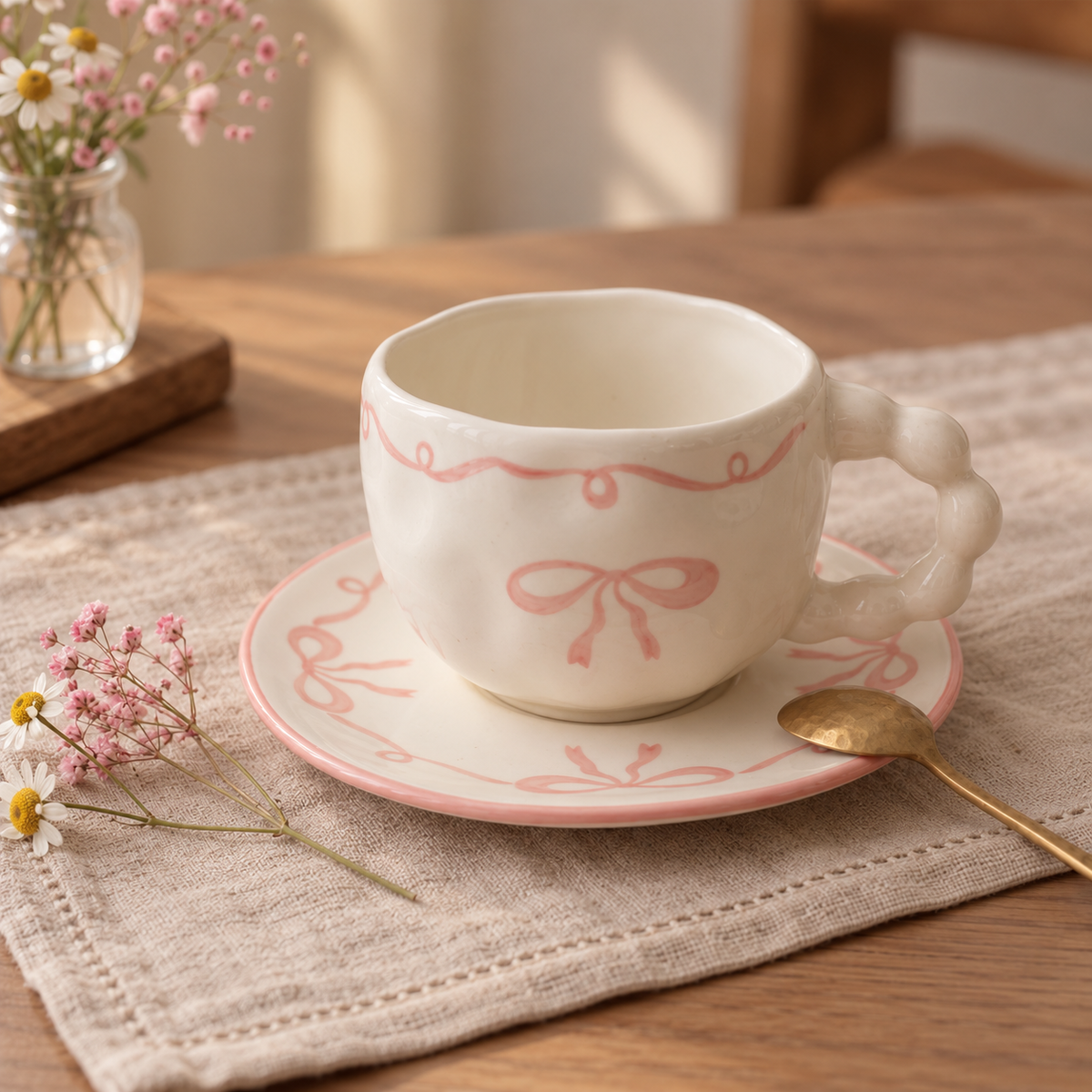 Kawaii Pastel Pink Ribbon Bow Ceramic Tea Cup with Saucer