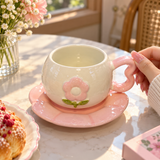 Cute Pink Flower Ceramic Tea Cup & Saucer Set with Heart Handle
