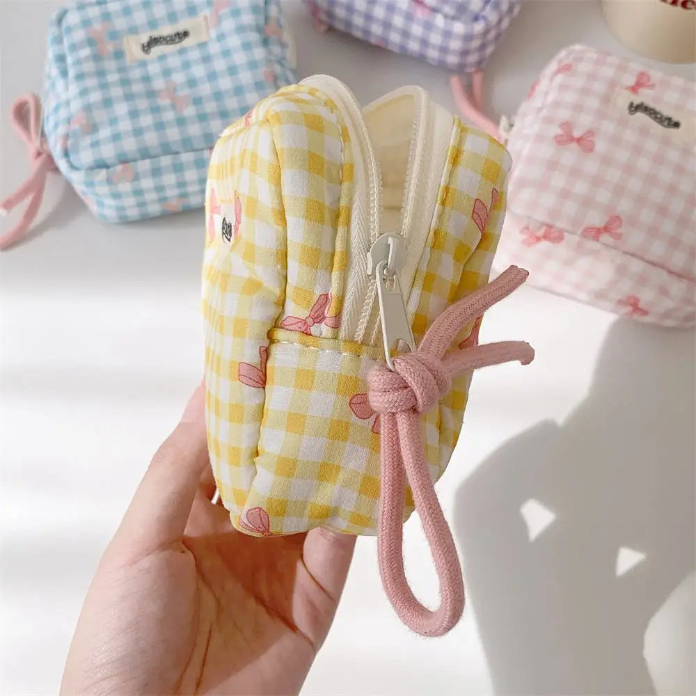Korean Plaid Bow Cosmetic Storage Bag Simple Square Portable Change Pouch